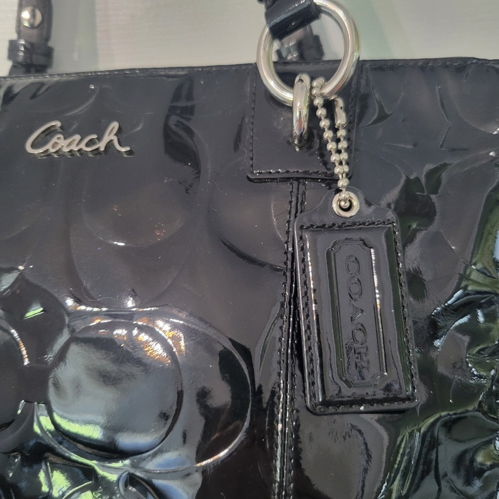 Vintage Coach Patent Leather Tote Purse Black Signature C Monogram Shoulder Bag - Picture 3 of 16